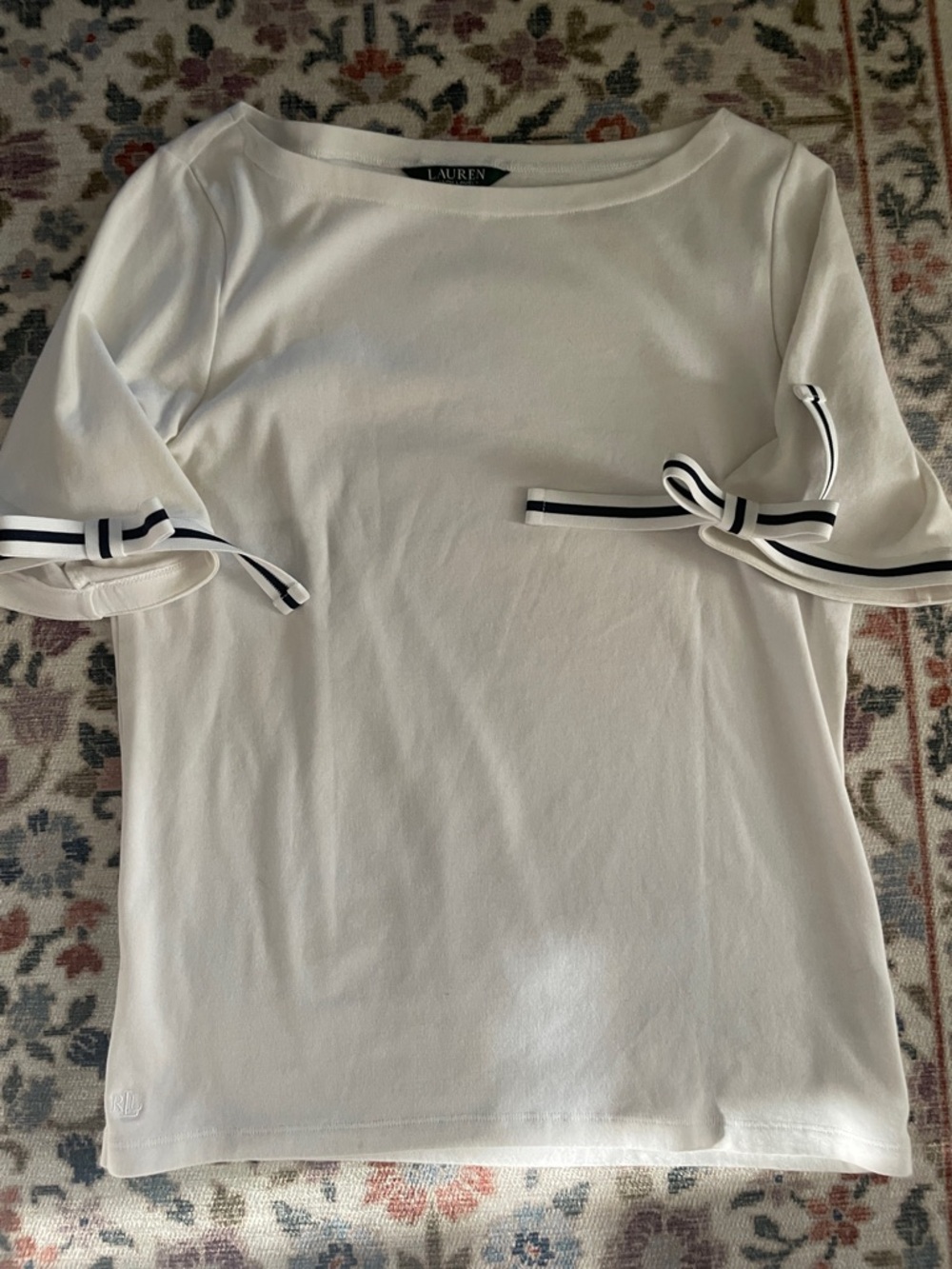 Lauren Ralph Lauren White Short Sleeve Boatneck Top with Navy Trim Ties